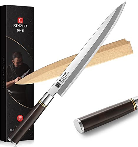 XINZUO 27cm Yanagiba Messer X7Cr17MoV Edelstahl, Sashimi Sushi Messer Einzelfase Klinge-Japanisches Kochmesser Profi Fischmesser Ebenholzgriff -mit Scheide aus Birkenholz
