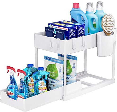 Puricon 1 Pack Under Sink Storage Kitchen Organiser, 2 Tier Under Sink Shelf with Slide Out Drawer, Multi-Purpose Under Sink Bathroom Storage Rack for Countertop Laundry -White