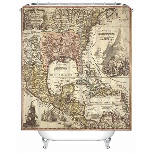 EHOMERY Duschvorhang Dicker Stoff Duschrollo Retro Karte Polyester Beige Rostfreie Ösen Und 12 Hakenringe, 180X180Cm