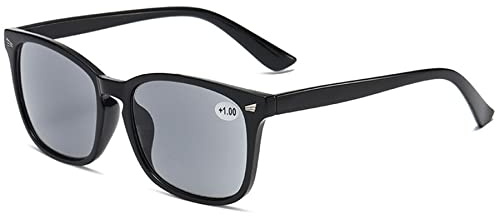 Lanomi Mode Getönte Lesebrille mit Sonnenschutz Damen Herren Sonnen Sehhilfe Lesehilfe Kunststoff Rechteckige Rahmen Sonnenbrille mit Sehstärke Mattschwarz Rahmen Grau Linsen 1.5