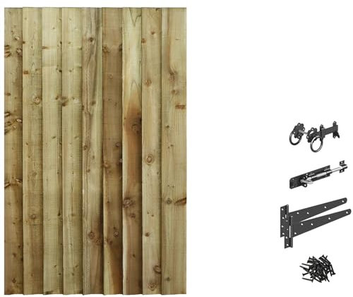Made to Measure 5ft Wooden Garden Gate, Ring Latch Fixing Kit, Custom Feather Edge Semi-Braced Flat Top Treated Timber Door for Outdoor Pathway Home Access, MAX 150cm High x MAX 90cm Wide