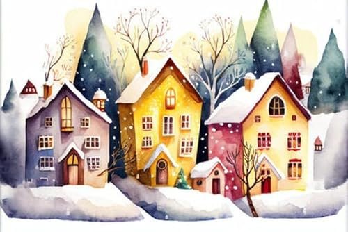 adrium Holz-Bild 60 x 40 cm: Digitales Aquarell Winterdorf. Weihnachtlich geschmückte Häuser. Komposition mit Haus, Schnee, Süßigkeiten. Illustration (194710794)