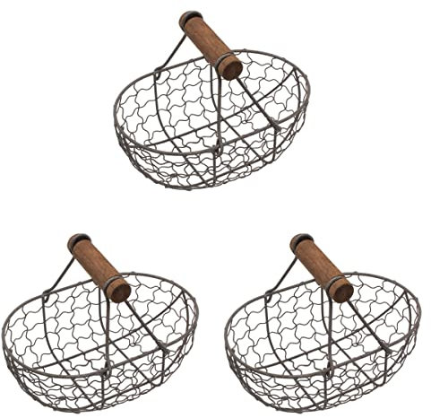 Angoily 3 Stück Draht-Eierkorb Mit Holzgriff Country Vintage-Stil Eiersammelkorb Draht- -Aufbewahrungskorb Gemüsebehälter Zum Tragen Sammeln Von Hühnereiern