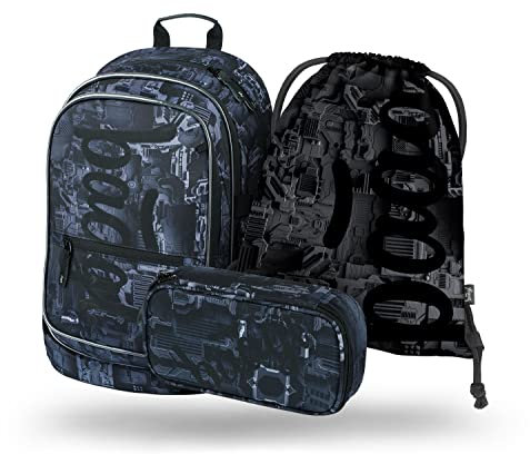 Baagl Schulrucksack Set Jungen 3 Teilig, Schultasche für Grundschule Volksschule, Grundschule Ranzen mit Brustgurt, Ergonomischer Schulranzen (Technic)