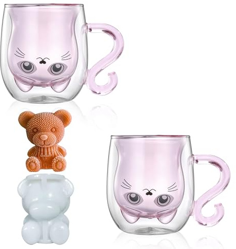 Cute Cat Mugs Set of 2, 8.5 oz Double Wall Glass Insulated Tea Cups With Handle - Pink Cat, Perfect for Birthdays and Valentine's Day (2 Pack)