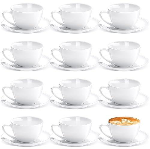 Maxdot 12 Set 5.5 OZ Porcelain Espresso Cups with Saucers White Ceramic Coffee Cups and Saucers Cappuccino Mug Latte Cup for Cafe Mocha Barista Coffee Shop
