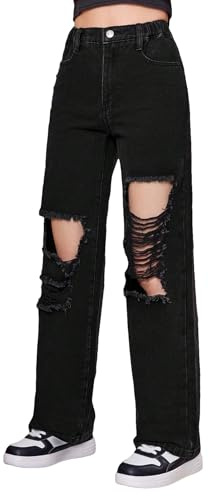 Floerns Girls Cut Out Ripped Wide Leg Jeans High Waisted Distressed Denim Pants Black 10-11Y