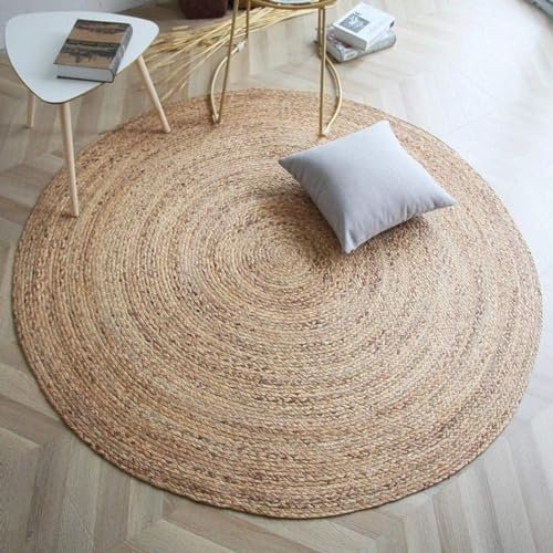 GlammTexa Hand Woven Round Jute Area Rug Braided Round Rugs For Boho Home Decor Living Room And Kitchen Floor Decoration Natural Eco Friendly Area Rug (Natural Plain, 90 x 90 cm)