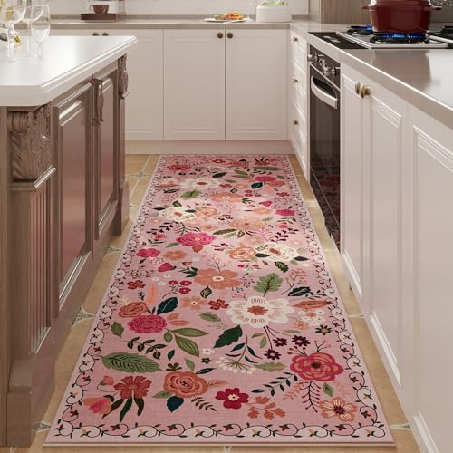 Rugcomf Teppichläufer, rutschfest, waschbar, 60 x 150 cm, weiches Blumenmuster