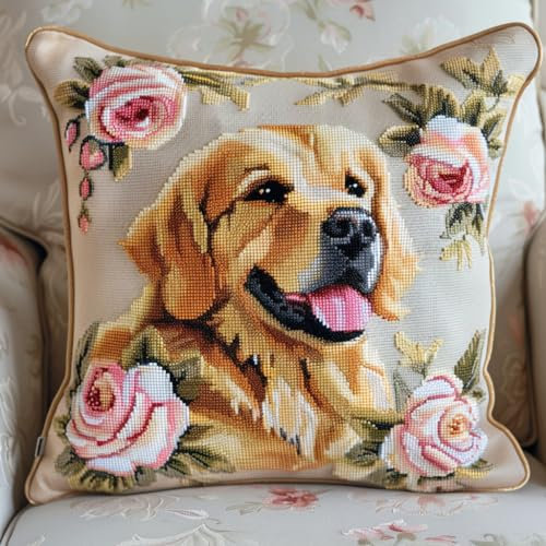 kitphoenix Diy Knüpfkissen Zum Rosenblume Und Golden Retriever Hund Knüpfteppich Set 43Cmx43Cm