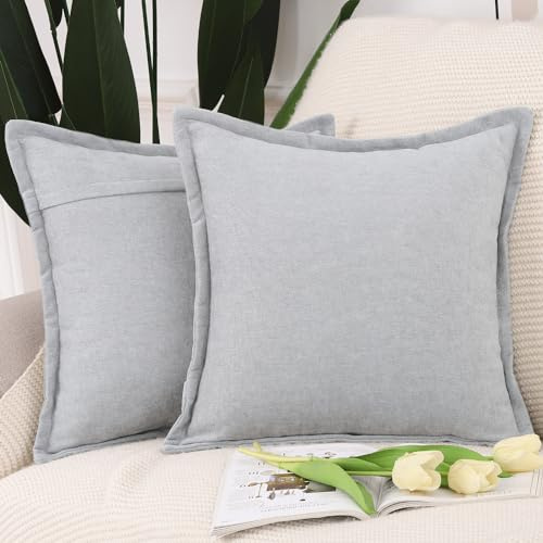 Madizz 2er Set Fransen Chenille Schlicht Zierkissenbezüge Modern Kissenbezug Kissenhülle Sofakissen Lendenkissen für Sofa Schlafzimmer Hellgrau 50x50 cm
