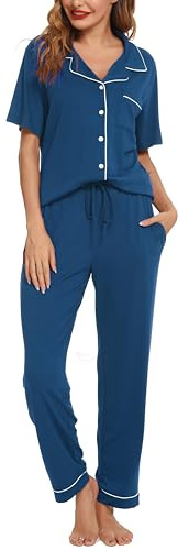 Lovasy Pigiama in Cotone Donna con Bottoni Pigiama Set Estiva Camicia Maniche Corta Comodo Pantaloni Lunghi Traspiranti Pigiama da Casa Casual in Due Pezzi,Blu Cobalto,S