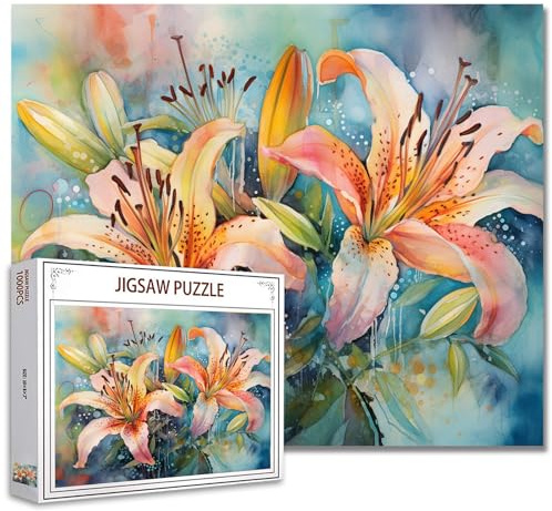 Tucocoo Puzzle de fleurs de lys de 1 000 pièces pour adultes, aquarelle, paysage floral, jeux d'activités familiales, 68,6 x 50,8 cm, puzzle à faire soi-même pour décoration d'intérieur, cadeaux