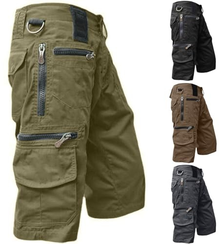 KONG JIMFAN Cargohose Herren Kurz Hose Knielang Shorts Stretch Arbeitsshorts mit Mehreren Reißverschluss Taschen Sommer Männer Freizeit Shorts Baggy Radlerhose Sporthose Outdoor Fahrradhose Wanderhose