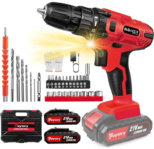 21V Cordless Power Drill, Handheld Screwdriver Drill Set with 25+1 Torque Setting, 2 Li-ion Batteries, 2-Gear Combi Drill, Safety Lock 3/8 Chuck Drill Driver Kit with 29 Accessories&Carrying Case