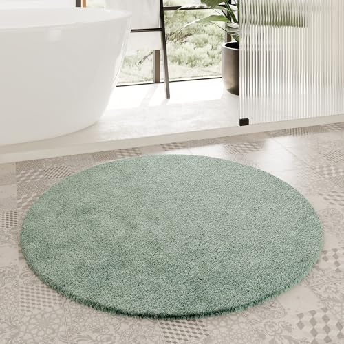 Homie Living Porto Azzurro Badteppich, 90 cm rund, Salbei grün | Badematte kuscheliger Flauschiger weicher Flor l rutschfest und Waschbar