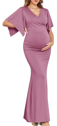 CYCLAMEN Maxi-Umstandskleid, glitzernd, für Babyparty, halbformell, Hochzeitsgast, V-Ausschnitt, Taschentuchärmel, elegante Schwangerschaft