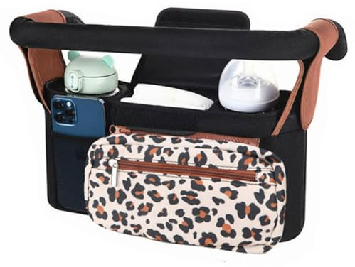 Stroller Organizer Pram Bag Organiser, Multifunctional Baby Pram Buggy Storage Bag with 2 Cup Holder,Shoulder Strap,Detachable Pocket,Universal Fit All Buggy Models (Leopard Print)