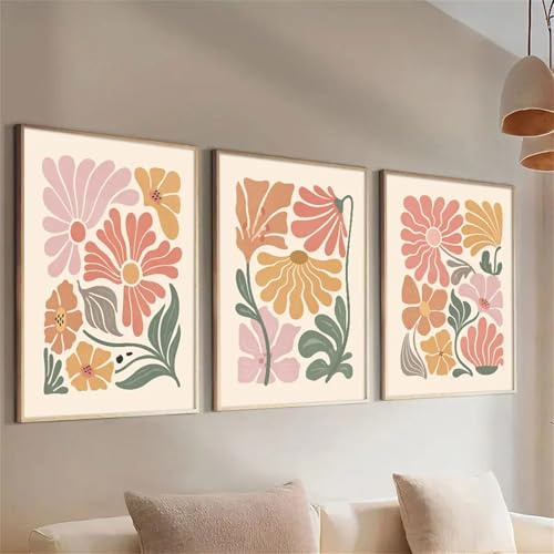 Uixxducc 3 Stück Vintage Blumen Bilder Set, Boho Abstract Botanical Floral Bilder Poster & Kunstdrucke Wandbilder, Aesthetic Wanddeko Wohnzimmer Schlafzimmer, Bilder ohne Rahmen (30x40cm,ABC)
