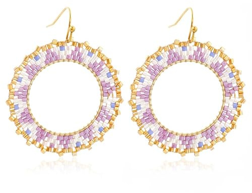 Purple Bohemian Style Rice Bead Earrings For Women, Summer Beach Handmade Hoop Gift Earrings
