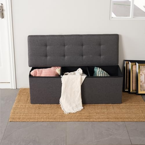 FurnitureR L-110cm Banc de Rangement en Tissu, Ottoman en Bout de Lit, Coffre de Rangement Intérieur avec Compartiment Amovible, Pliable Coffre de Rangement Tabouret pour Salon, Chambre, Entrée, Gris