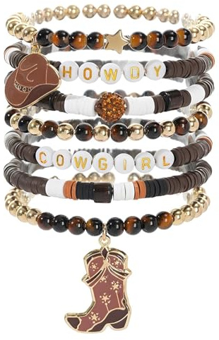 louuuou 7 Pcs Cowgirl Accessories for Women, Western Bracelet Jewellery Set | Stackable Boho Bracelets, Cowboy Hat Boot Charms, Cowgirl Jewellery, Friendship Gift