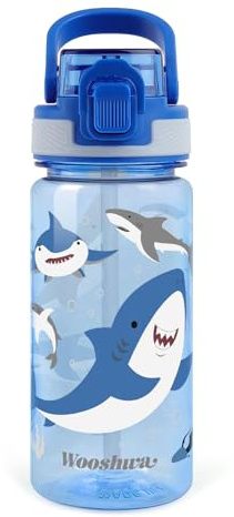 wooshwa Gourde Enfant avec Paille 480ml Anti Fuite - Requin Bleu | Verrouillage Sécurisé, Bouteille d'eau pour Fille Garçon Enfants, pour L'école Sport Voyage