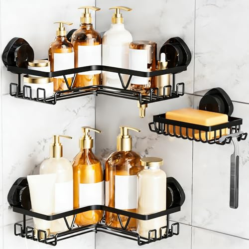 KEGII Suction Shower Caddy Corner - 3-Piece Set with 2 Corner Shower Shelves & 1 Soap Holder, Space-Saving Bathroom Organiser for Kitchen, Laundry Room(Black, Stainless Steel, No Drilling)