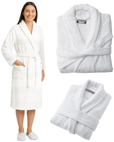 LoomTrove White Terry Bathrobe 100% Egyptian Cotton Shawl Collar Terry Toweling Dressing Gown Spa & Hotel Quality Men’s Women’s Bathrobe Nightwear