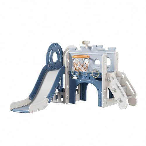 Kids Slide, Toddler Large Slide Playground With Climbing Frame Outdoor Indoor Garden Slide with Storage Box, Basketball Hoop, Crawl Tunnel, Multi-function Slide for Toddlers age 1-3