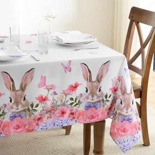 FIBORIA Easter Table Cloth Spring Floral Bunny Tablecloth Wipeable Rectangular 140x240cm Tablecloths Water Resistant Wipeable Table Cloths for Outdoor Party Garden Dining Festive Decor,55x94 inch