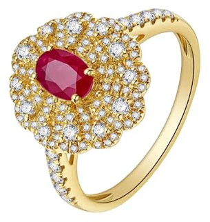 Ayoiow Eheringe Echt Gold Blume mit ovalem Rubin und Diamanten, Echtgold Ringe Damen für Freundin Größe 63 (20.1)| 14K Gelbgold | Trendiger Modeschmuck für Neujahr