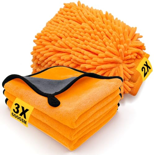 5 Stück Autopflege Set mit 3 Stück Mikrofasertücher Auto & 2er Mikrofaser Waschhandschuh Auto, 600 GSM Trockentuch zum 100% Kratzfrei & Polieren, Super Saugstark und Extrem Schonend, 40x30cm (Orange)