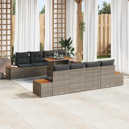 Frdhee Sofá para terraza al aire libre, grupo de comedor de jardín con cojín con cojín 9 piezas gris y marrón, sofá de esquina para balcón, terraza, se puede montar rápidamente