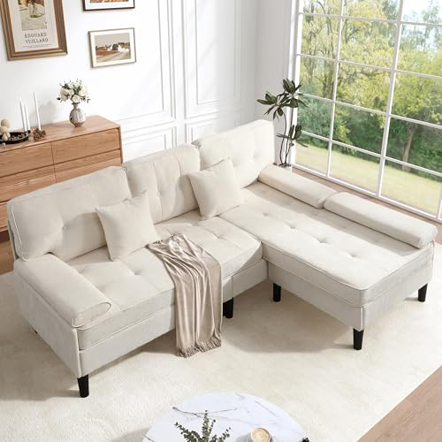 Ligterra Sofa L Form mit Schlaffunktion, Modulares Sofa, Ecksofa, Schlafsofa, Chenille, Bewegliche Fußbank, mit 2 Kissen, für Wohnzimmer, Schlafzimmer, Wohnung, 195×149×86cm (Hellbeige)