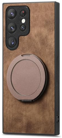 Custodia Satinata For Samsung Galaxy S26/S26 Plus/S26 Ultra, Guscio Con Impugnatura Antiscivolo In Pelle Con Anello Rotante, Supporto Con Ventosa Magnetica(Brass,S26 Plus)
