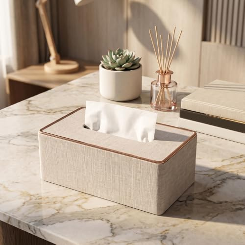 BADCRIS Kosmetiktücherbox PU Leder Beige Rechteckig 25x13.5x9.4cm Spender | MDF Taschentuchspender Spenderbox für Auto Büro Badezimmer, Dekorativer Papierhalter passend für Standardboxen