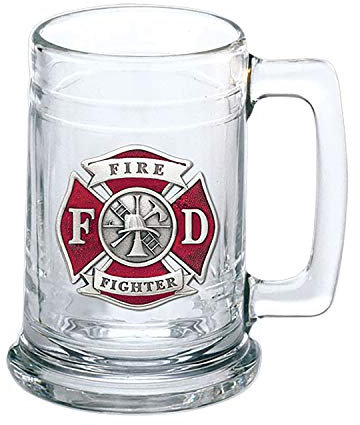 Heritage Pewter Firefighter Beer Stein Glass | 15 Ounce German-Style Beer Glass | Intricately Crafted Metal Pewter Alma Mater Inlay