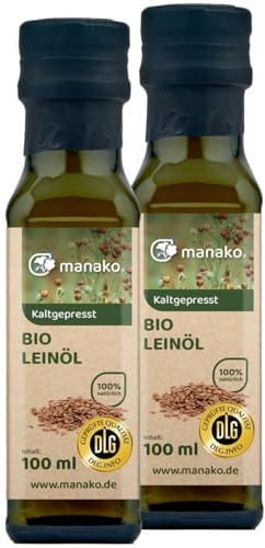 manako BIO Leinöl human, kaltgepresst und 100% rein, 2 x 100 ml Glasflaschen