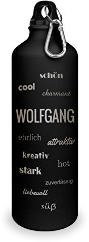 Trinkflasche mit Namen Wolfgang - graviert mit Positive Eigenschaften, Aluminiumflasche mit Gravur, Sportflasche - matt schwarz