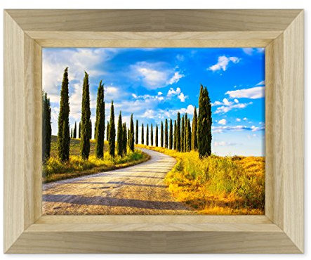 Bild auf Leinwand, gerahmt, mit Rahmen, Siena – Zypressen, Viale Baum, Toskana – 30 x 40 cm – Stil Design Naturholz – (Artikelnummer: 2937)