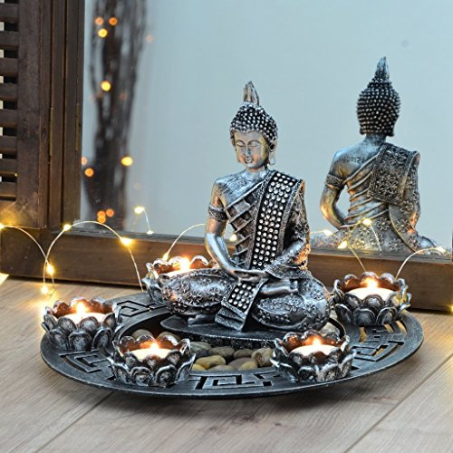 INtrenDU Large Ø 27cm Argent Statue Figure Bouddha Photophore + Lot de 5 Petites Bougies et Pierres de déco