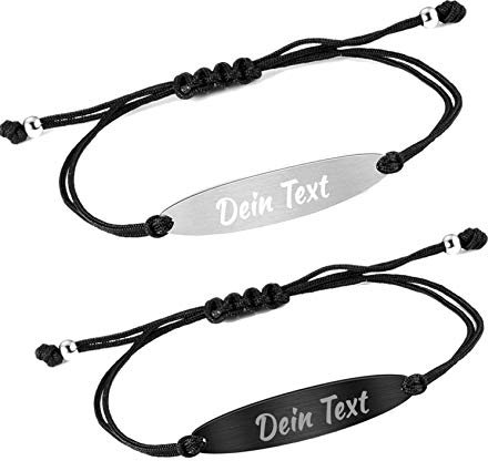 2x Personalisierbares Partnerarmbänder mit Gravur | Hochwertiges Pärchenarmband mit Edelstahl Platte | Persönliche Namensgravur | Ideal als Armband für Paare oder Freundschaftsarmband Schwarz