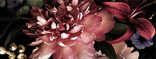 artissimo Bild aus Glas 80x30 cm Blumen AG4771A – Dark Vintage Blumen Wandbild rosa bordeaux Blütenmotiv, Panorama Glasbild Querformat, moderne Wanddeko