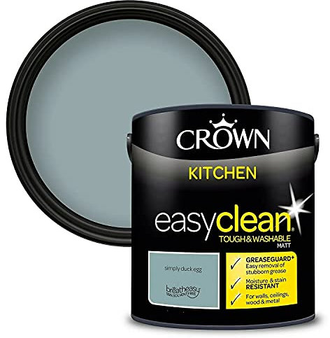2.5L CROWN Easyclean Kitchen MATT Emulsion Multi Surface Paint With GREASEGUARD+ That can be Used on Walls, Ceilings, Wood and Metal. Stain & Scrub Resistant Formula – Simply Duck Egg