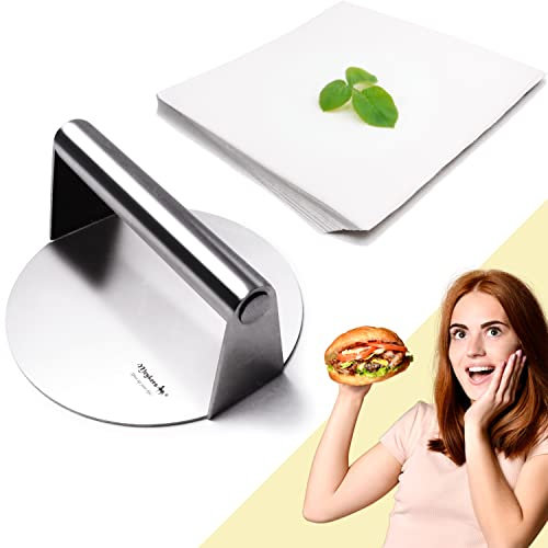 Meykers Burger Smasher Smash Press Hamburger & 100 Patty Paper | for Griddle Grill Pan Skillet | Weight Gain Flat Presser Smashburger Maker 304 Stainless Steel | Meat Bacon Panini Sandwich Tool Kit
