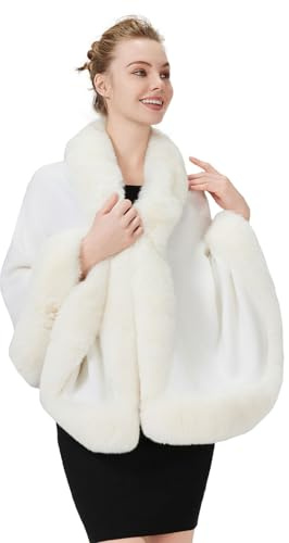 BEAUTELICATE Donna Poncho Mantella Maglia Invernale Stola Scialle in Pelliccia Sintetica Coprispalle Bolero Elegante per Sposa Matrimonio Festa,Avorio