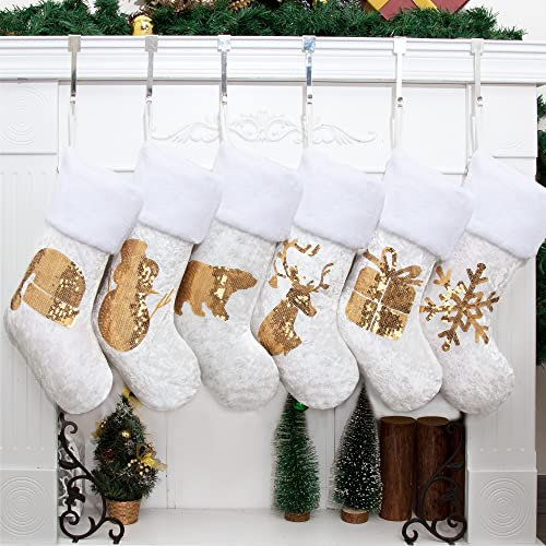 GEX Weihnachtsstrümpfe für Familie, 50,8 cm, goldfarbene Pailletten, weißer Samt mit weicher Kunstfell-Stickerei, klassischer Kamin, Baumschmuck, Hängeornament für Weihnachtszeit, 6 Stück