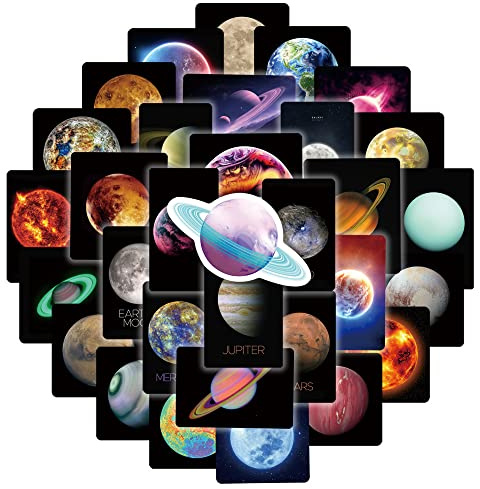 LYLSDSB Pack of 50 Stars and Planets Stickers - Space Earth Solar System for Laptop, Skateboard, Luggage, Bicycle, Water Bottle, Computer - Vinyl Waterproof Stickers for Boys and Children