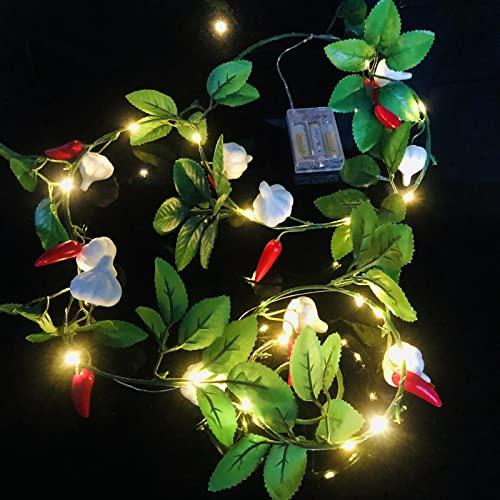 Künstliche Chili Knoblauch Lichterkette 6,6 Fuß Efeugrüne Blätter Pfeffer Girlande mit 20 LED-Kupferdraht Lichterketten für Schlafzimmer Hochzeit Geburtstag Party Hausgarten Dekoration (Batterie)